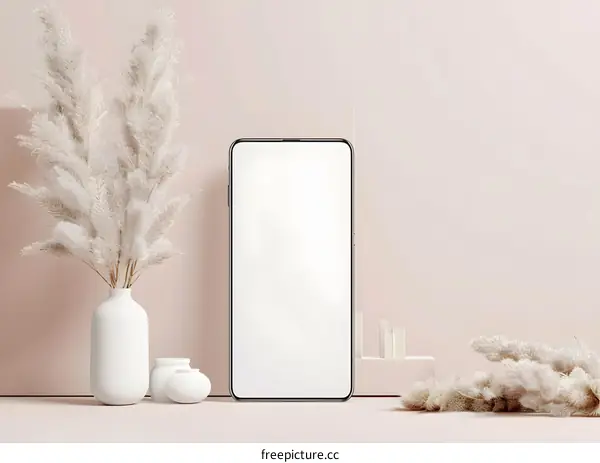 Minimalist Phone Mockup with White Pampas Grass