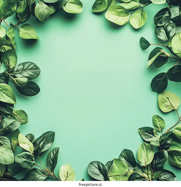 Green Leaves Frame on Mint Background