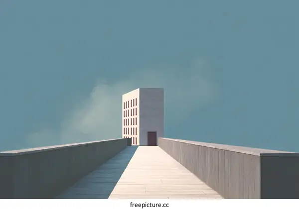 Abstract Architectural Landscape with a Building and Bridge