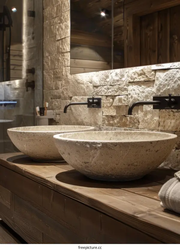 Rustic Stone Bathroom Vanity with Wooden Countertop