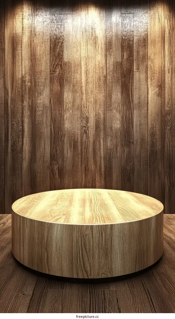 Wooden Circular Display Platform Against Wooden Wall