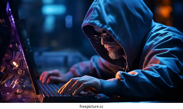 Hacker in the Shadows:  A hooded figure types on a computer keyboard