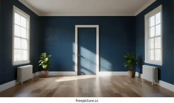 Empty room with blue walls, wooden floor, and two potted plants