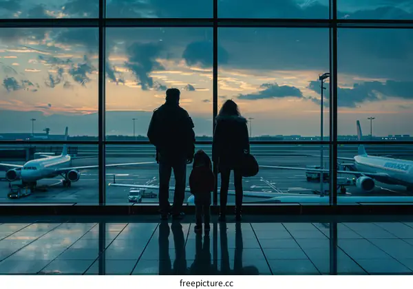 Family of three at the airport looking out at the planes on the tarmac