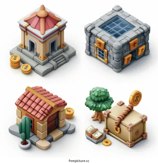 A variety of isometric buildings