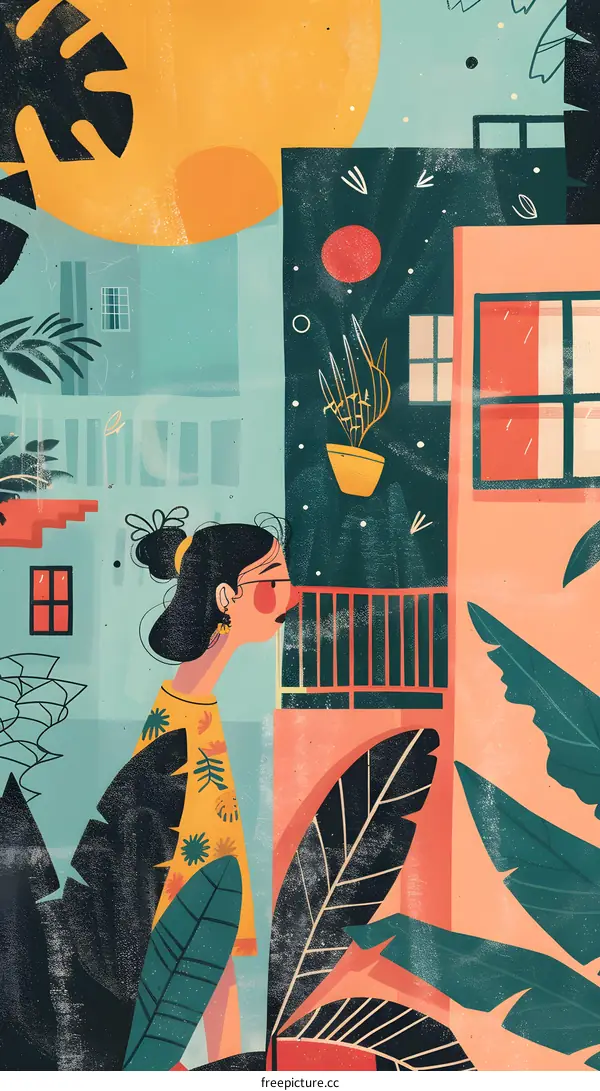 Woman Looking Out Window in Colorful Building Illustration