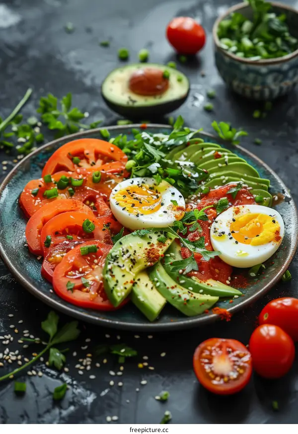 Healthy avocado and tomato salad with boiled egg