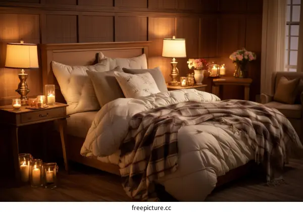 A warm cozy bedroom with a soft bed and warm lighting