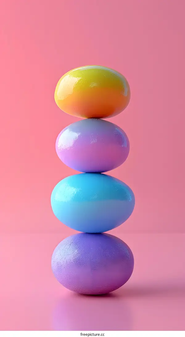 Four gradient color glossy egg-shaped objects stacked vertically against a pink background