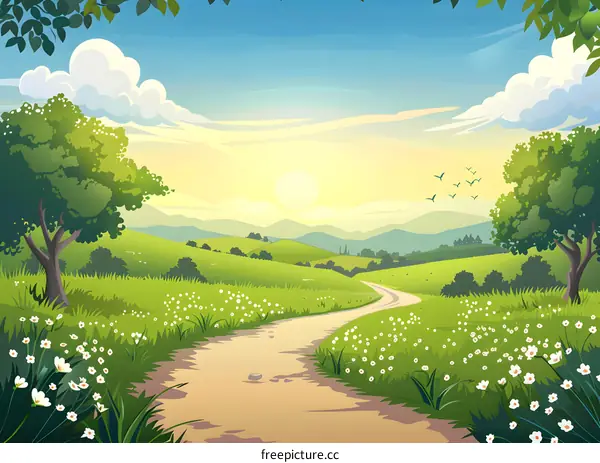 Summer Landscape With Country Road In Meadow