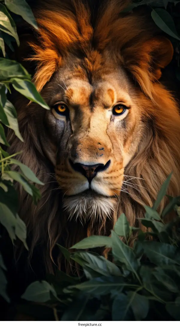 Portrait of a male lion staring through dense foliage