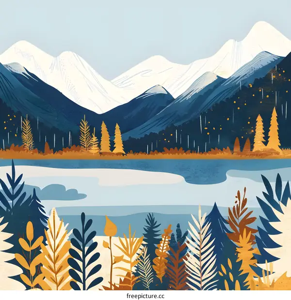 Mountain Lake Illustration with Blue and Yellow Colors
