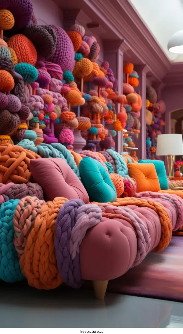 Colorful yarn balls and sofa in a room