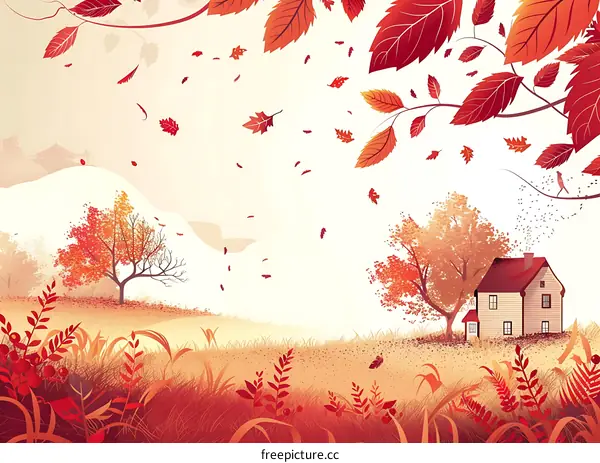 Autumn Landscape With Falling Leaves and House