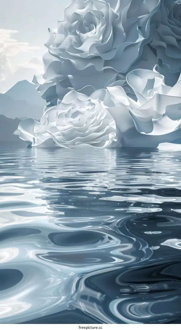 White Roses on Water with Mountain Landscape