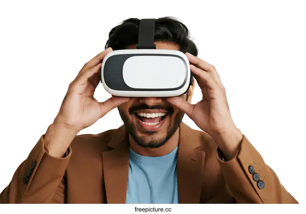 [Transparent Background PNG]Man wearing virtual reality headset experiencing immersive technology