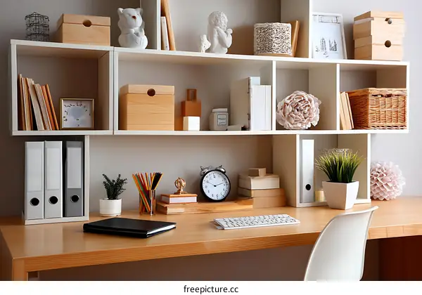 Organized Home Office Workspace with Bookshelves