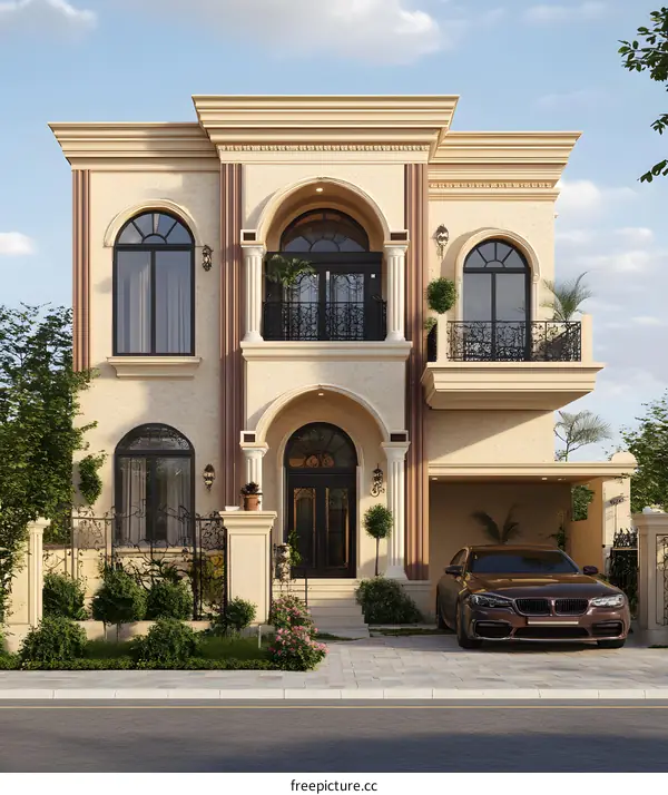 Luxury Home with Arched Windows and Balcony