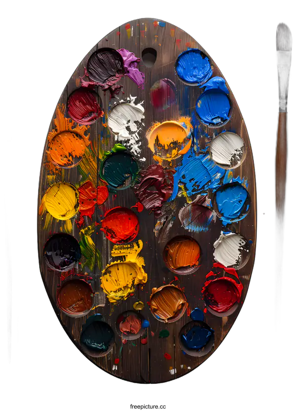 [Transparent Background PNG]Close Up Of A Wooden Artist Palette With Paint And Brushes