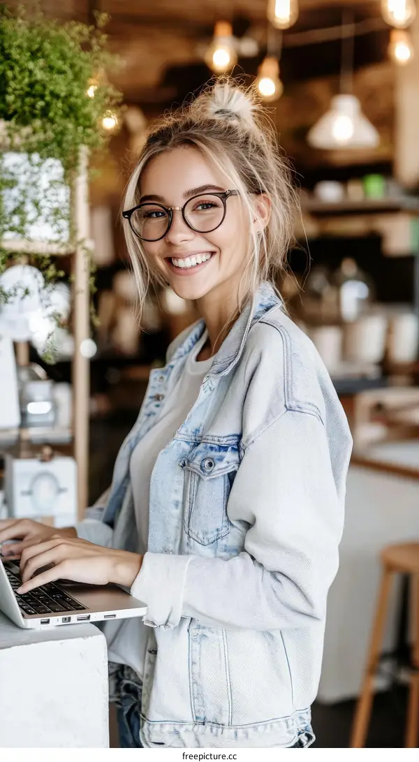 Young Woman Working on Laptop in a Cafe
