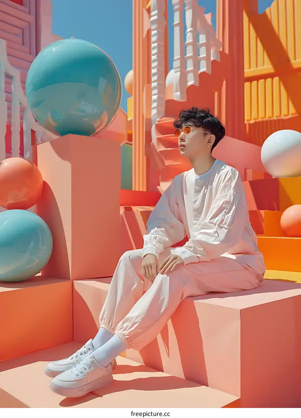 Man Sitting on Peach Colored Platform with Colorful Balls in the Background