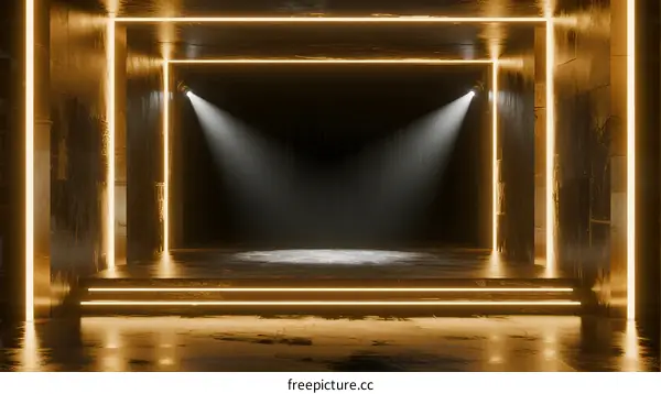 Golden Stage with Spotlights in Dark Room Setting