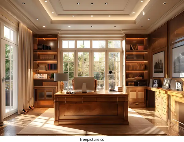 Luxury home office with large windows and wooden furniture