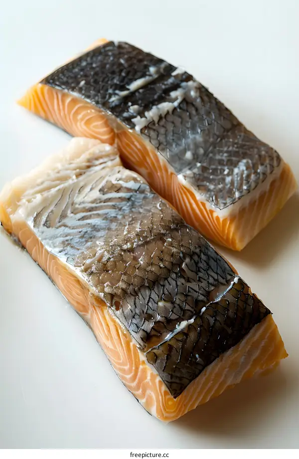 Two pieces of fresh salmon on white background