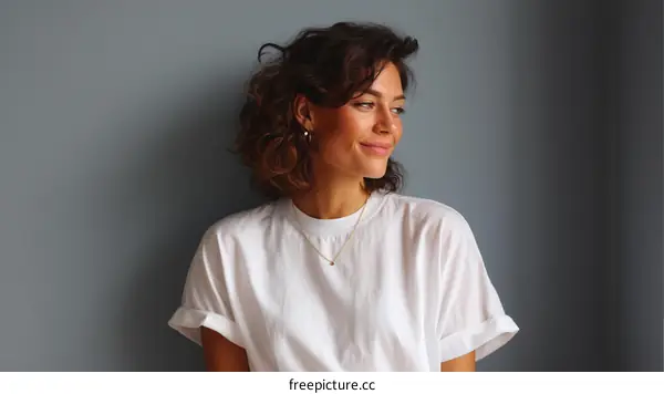 Woman with Curly Hair Wearing a White T-Shirt