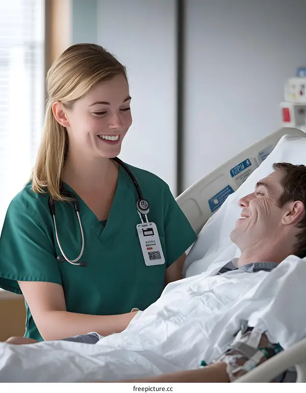 Smiling Nurse Talking To Patient In Hospital Bed