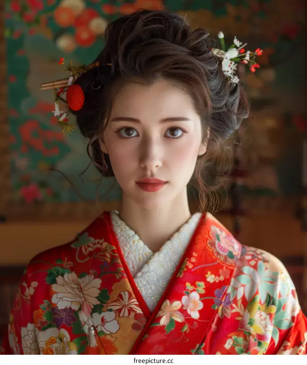 Beautiful Japanese Woman Wearing a Traditional Kimono