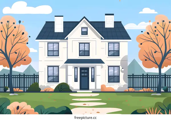 White House with Autumn Trees in Front