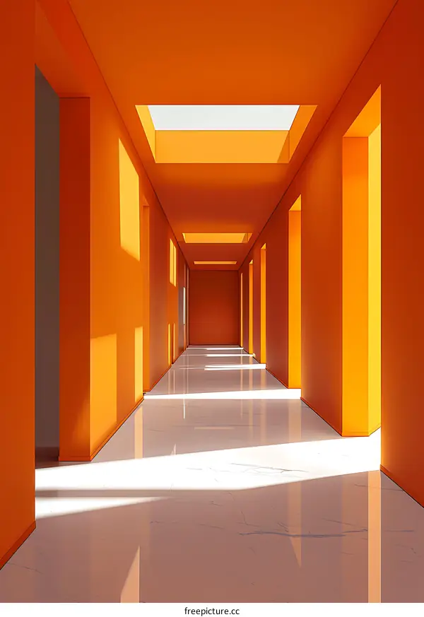 Orange Corridor With White Marble Floor And Skylights