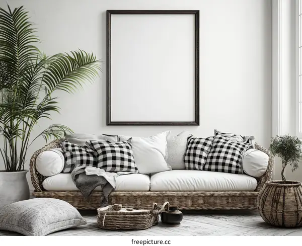 Modern Farmhouse Living Room Mockup with Empty Frame