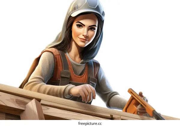 A young female carpenter in a hard hat and safety goggles using a saw on construction project