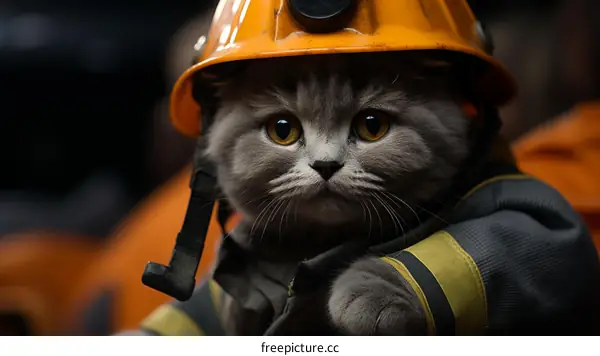 A cat wearing a firefighter's helmet and protective gear