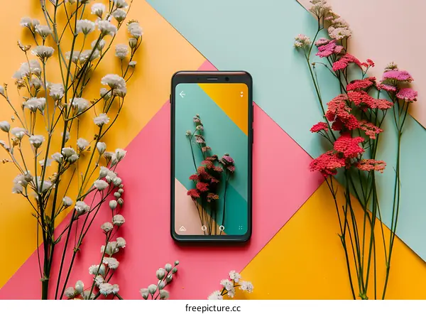 Flat Lay Smartphone with Flowers