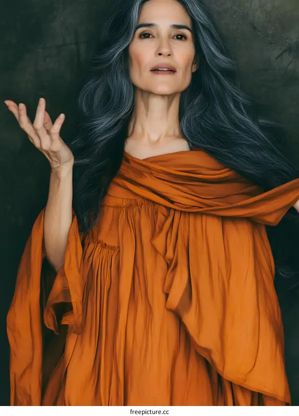 Portrait of a Woman with Long Gray Hair Wearing a Rust Colored Dress