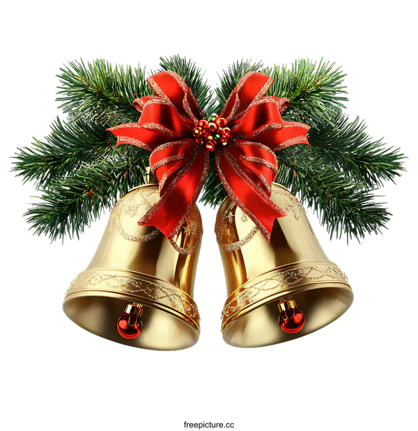 [Transparent Background PNG]Golden Christmas Bells Decorated with Red Ribbon