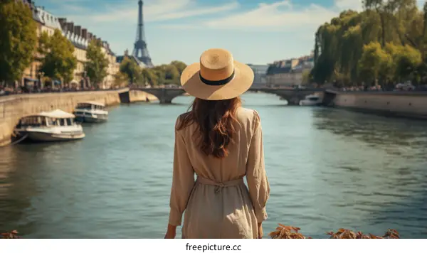 Young woman standing on a bridge in Paris, looking at the Eiffel Tower