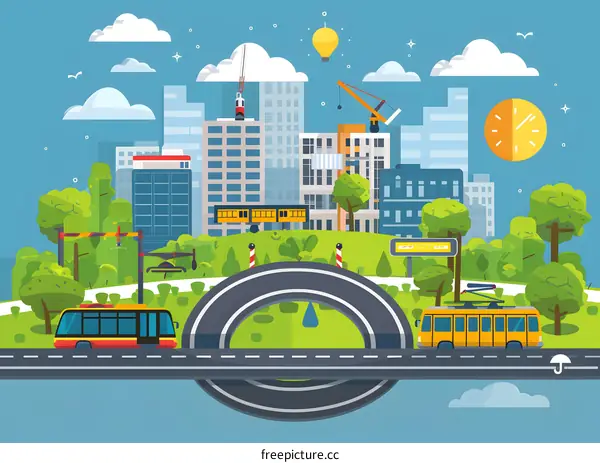 Modern City Illustration with Bridge and Public Transportation