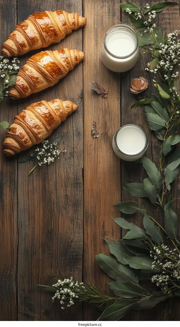 Delicious Croissants with Milk on Wooden Tabletop