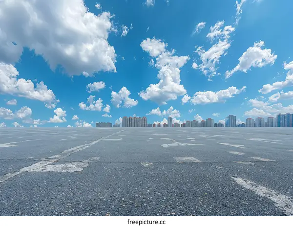Empty Parking Lot with Urban Cityscape in Distance