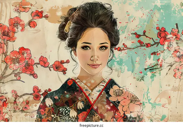 Beautiful Asian Woman in Traditional Kimono with Cherry Blossoms