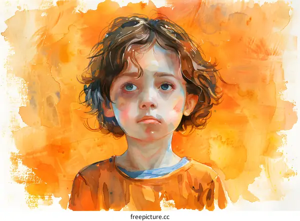 watercolor painting of a young boy with brown hair and blue eyes