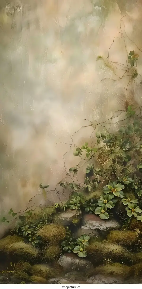 Green Vine On Rocks In Foggy Forest