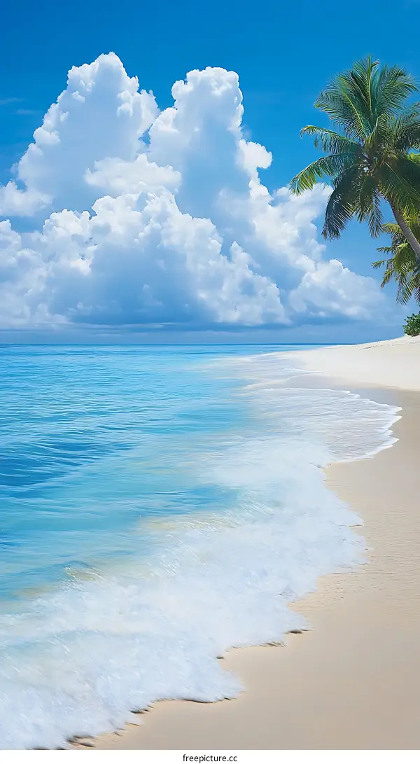 Tropical Beach with Blue Sky and White Clouds