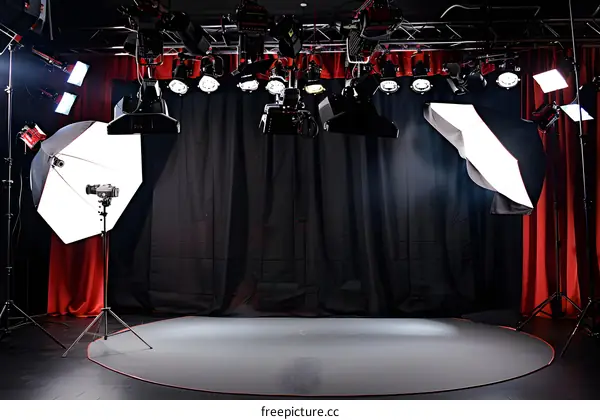 Professional Studio Setup with Lighting Equipment and Backdrop
