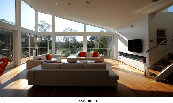 Bright living room with white walls and large windows