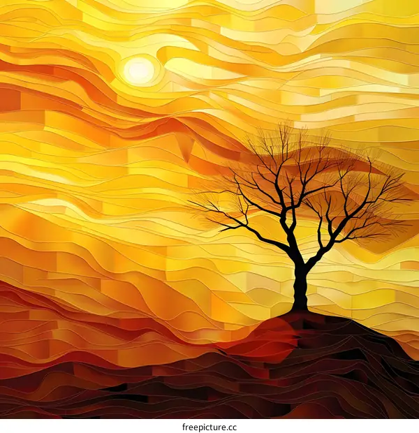 Stained Glass Art Tree Silhouette with Sun and Waves